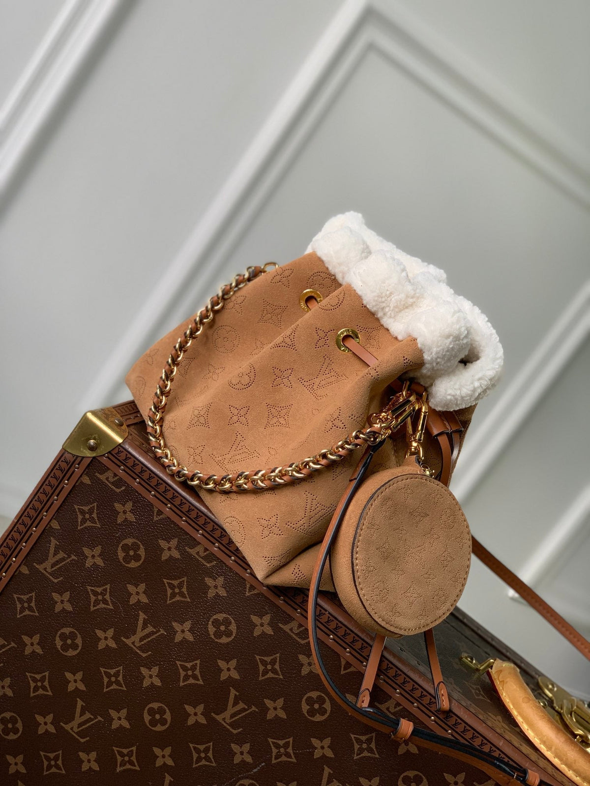 Louis Vuitton Bella 22 in Cinnamon Brown Monogram Perforated Suede and White Shearling Trim Bag