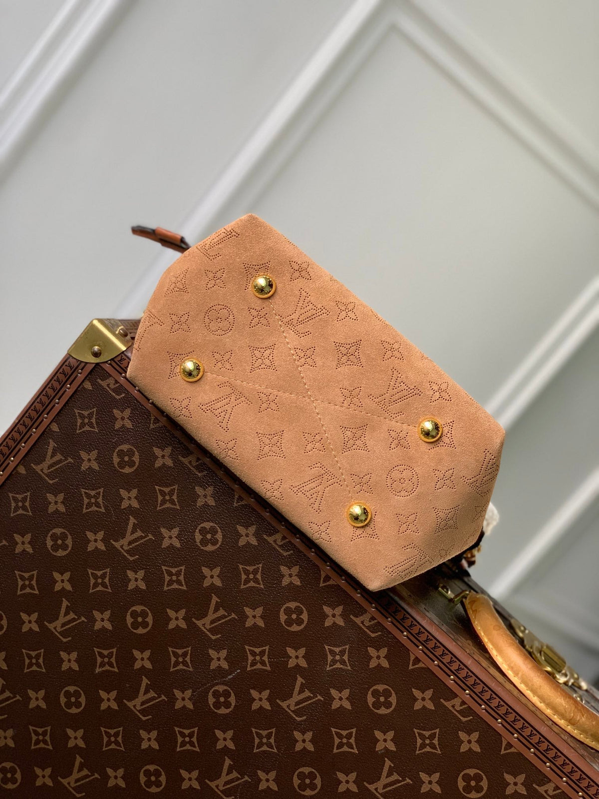 Louis Vuitton Bella 22 in Cinnamon Brown Monogram Perforated Suede and White Shearling Trim Bag
