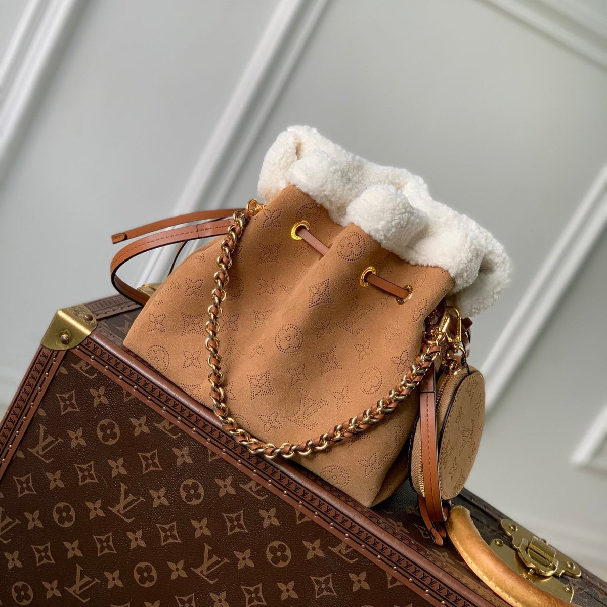 Louis Vuitton Bella 22 in Cinnamon Brown Monogram Perforated Suede and White Shearling Trim Bag