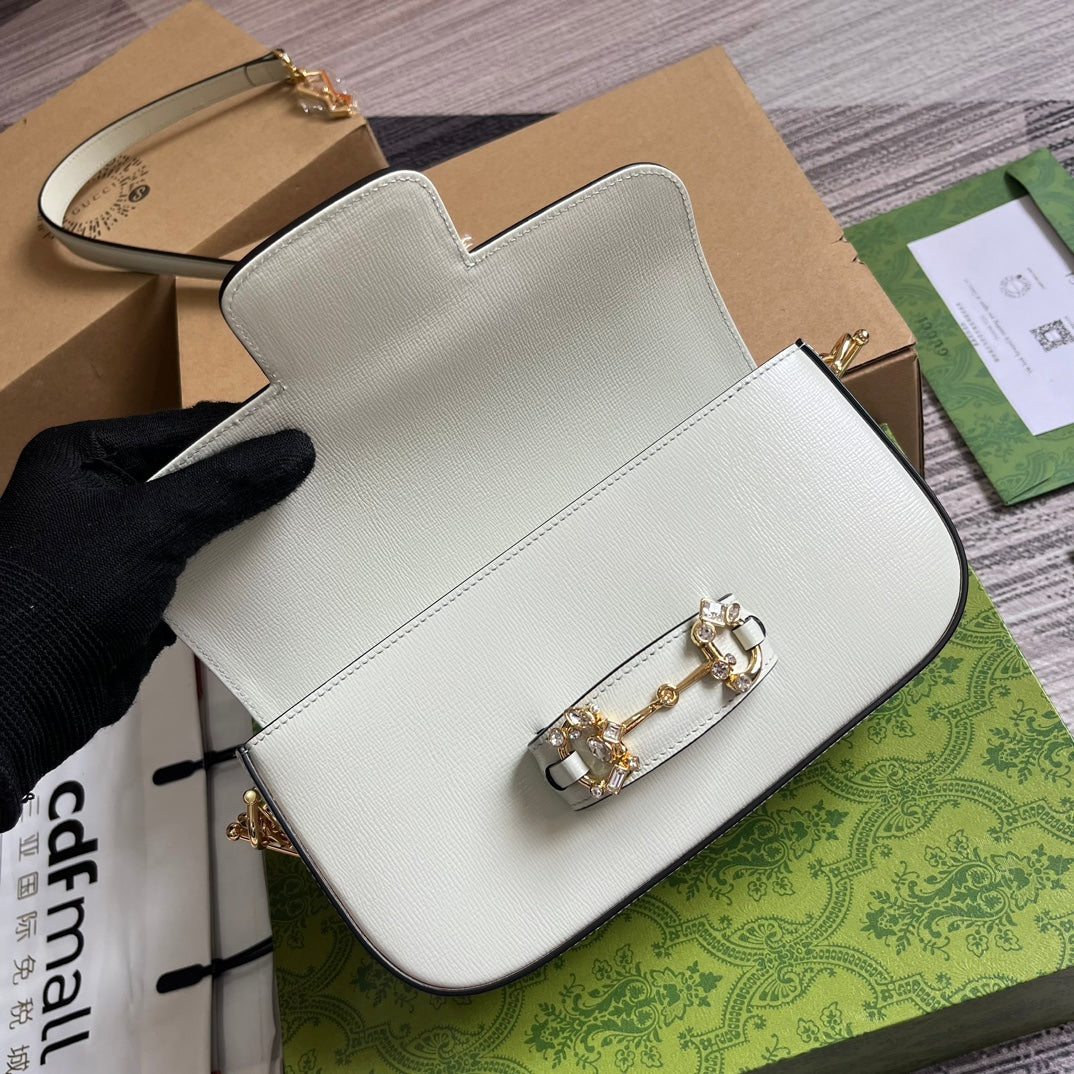 Gucci Diamond Horsebit Shoulder Bag 24 in White Calfskin Gold Hardware