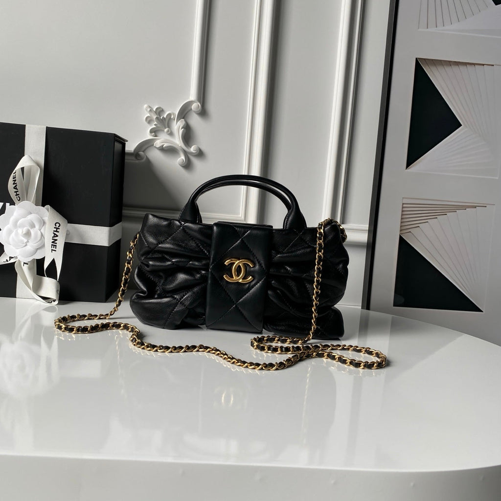 Chanel 25S Bow Bag 26 in Black Lambskin with Gold Hardware