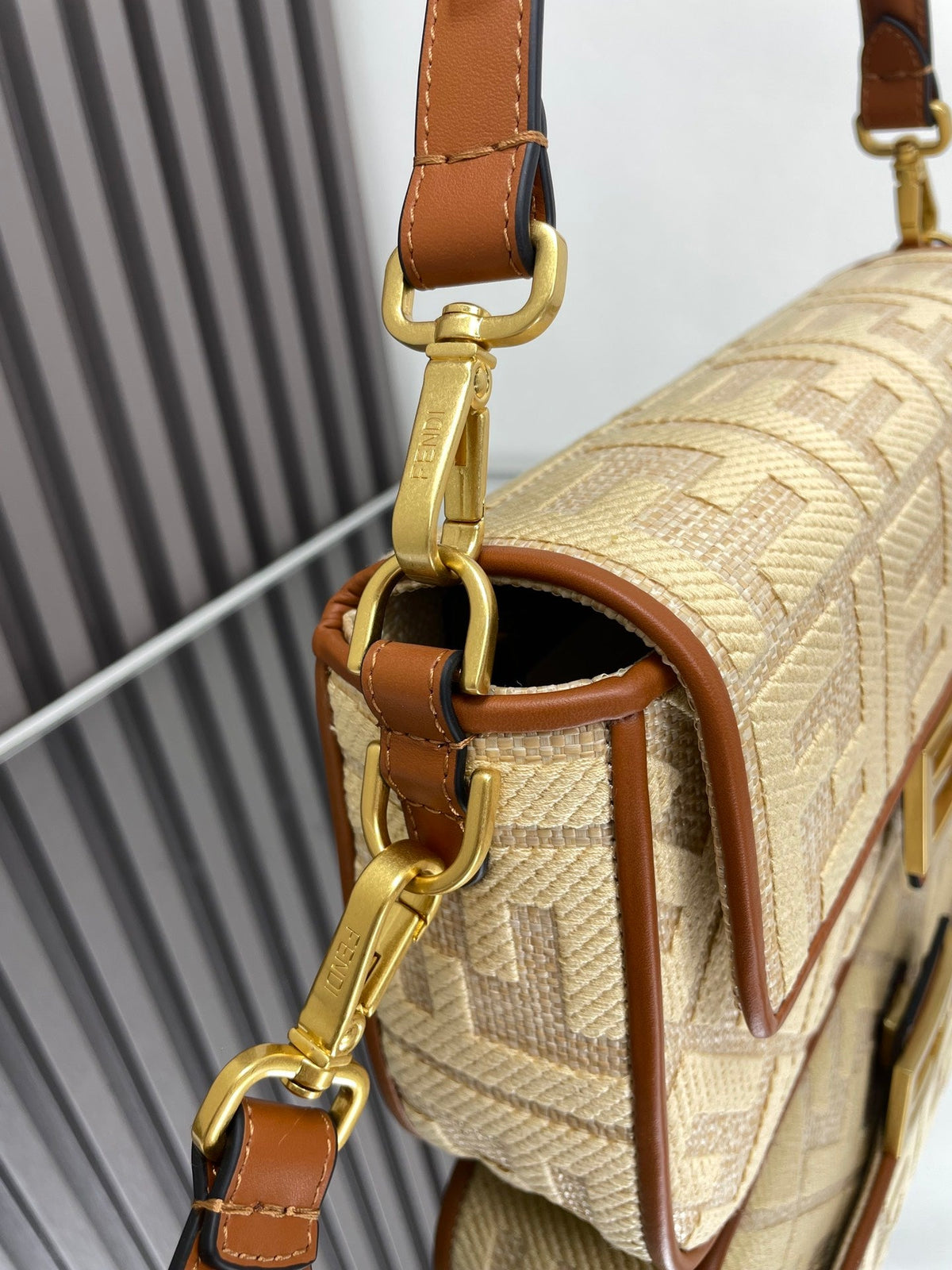 Fend Baguette Gold Tan Canvas Bag 27 with Ff Embroidery Ghw