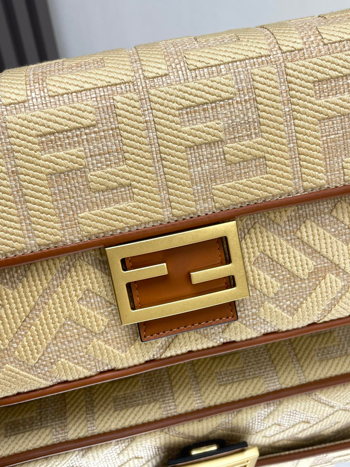 Fend Baguette Gold Tan Canvas Bag 27 with Ff Embroidery Ghw