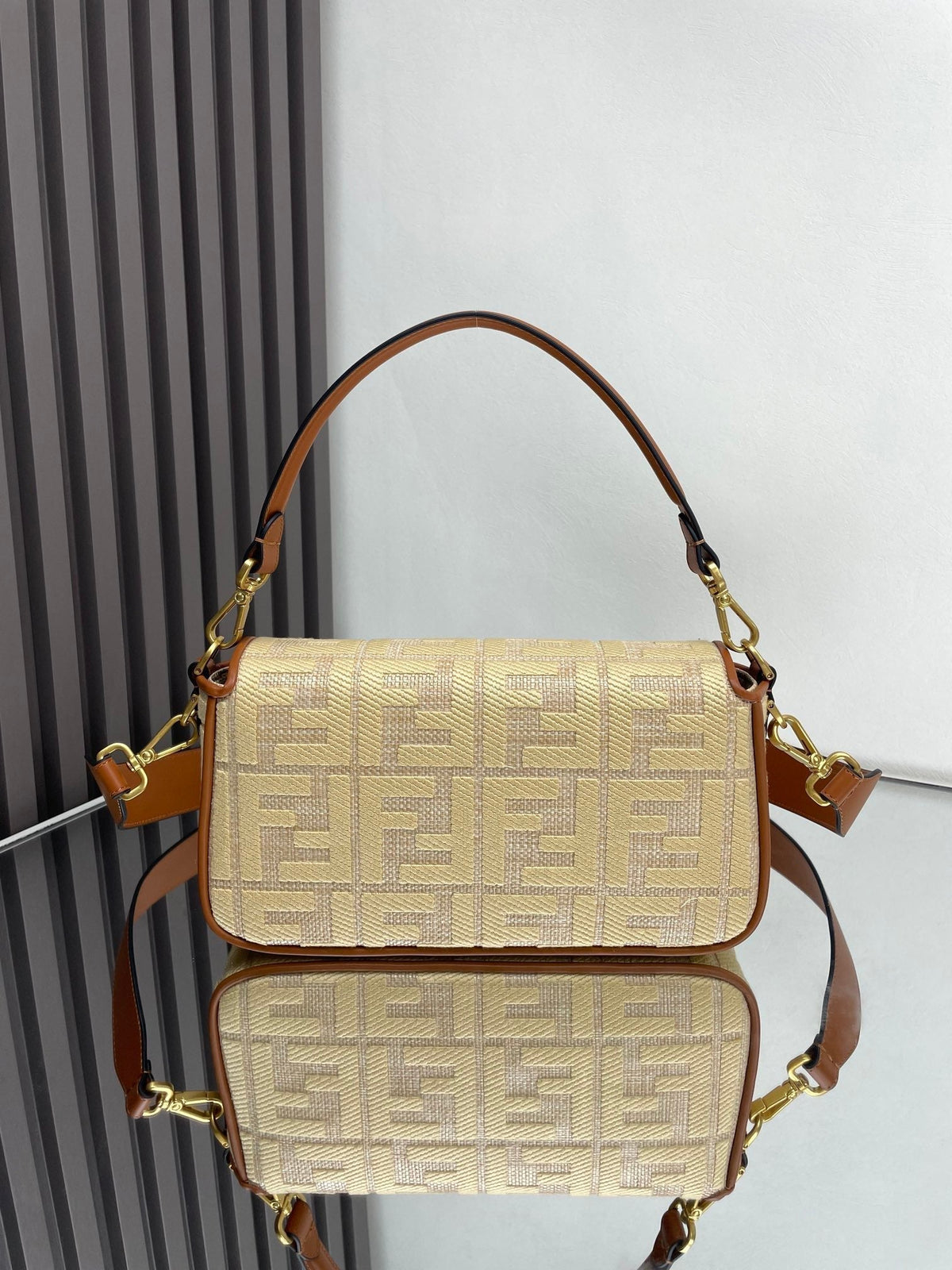 Fend Baguette Gold Tan Canvas Bag 27 with Ff Embroidery Ghw