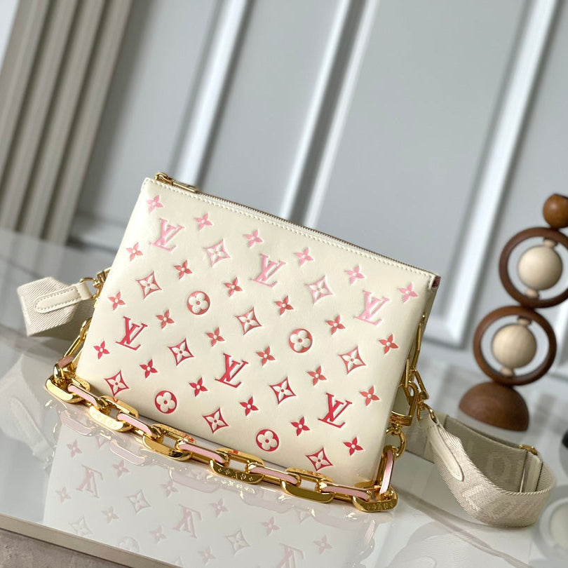 Louis Vuitton Coussin PM 26 in Cream Red Monogram Embossed Lambskin Gold Hardware Bag