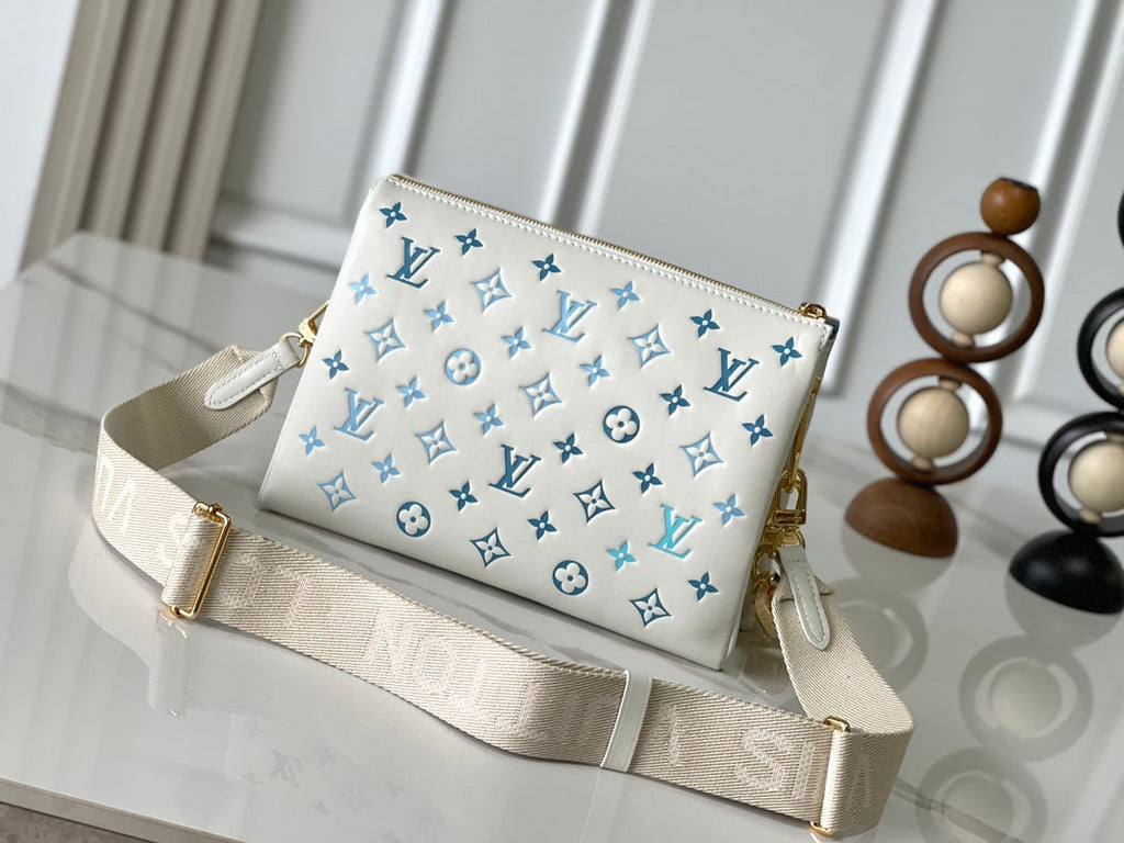 Louis Vuitton Coussin PM 26 in White Blue Monogram Embossed Lambskin Gold Hardware Bag