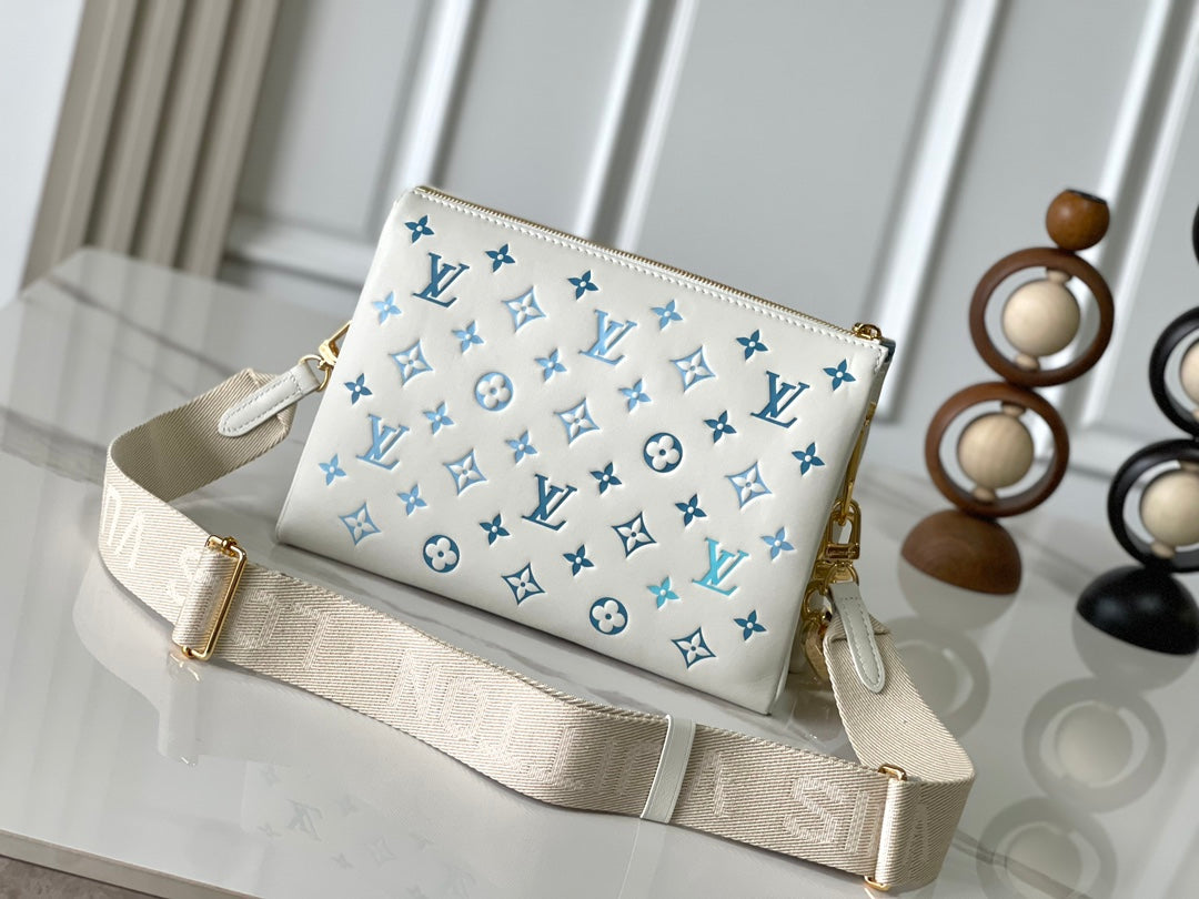 Louis Vuitton Coussin PM 26 in White Blue Monogram Embossed Lambskin Gold Hardware Bag