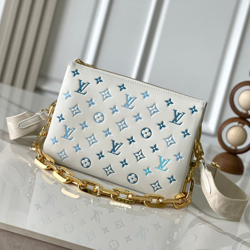 Louis Vuitton Coussin PM 26 in White Blue Monogram Embossed Lambskin Gold Hardware Bag
