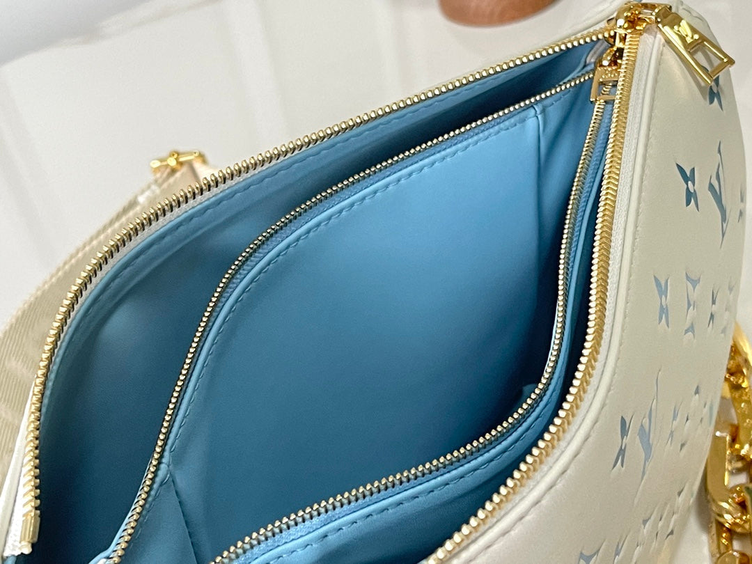 Louis Vuitton Coussin PM 26 in White Blue Monogram Embossed Lambskin Gold Hardware Bag