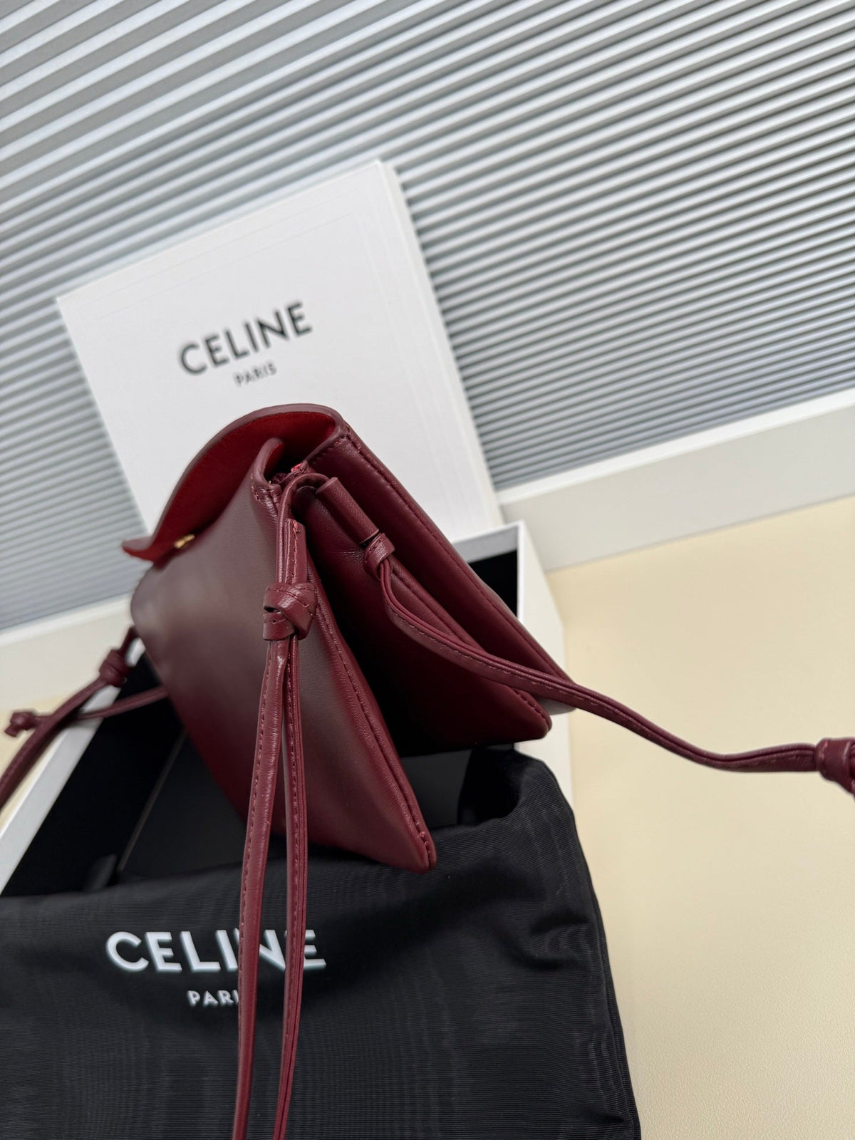 Celine 25S Trio Flap 22mm in Dark Red Smooth Lambskin Gold Hardware Bag