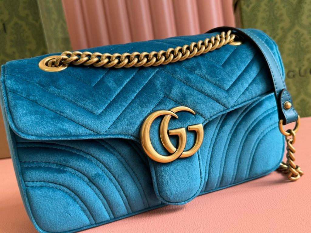 Gucci 25S Marmont 26 cm in Deep Teal Blue Velvet with Gold Hardware Bag