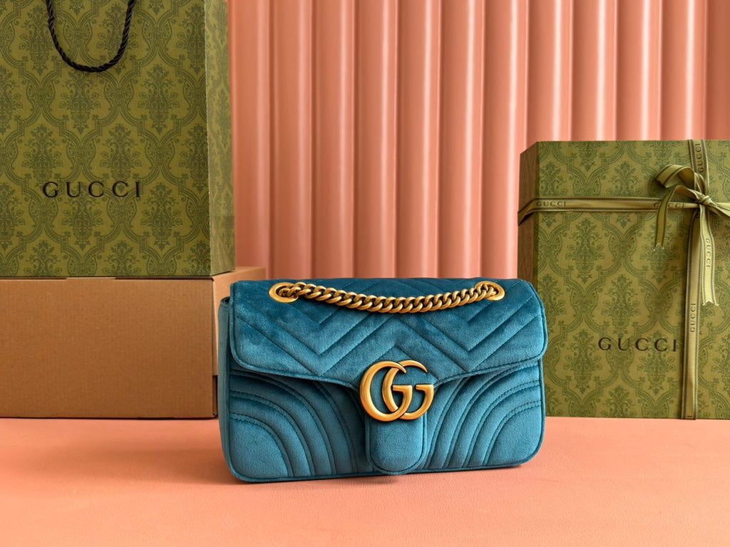 Gucci 25S Marmont 26 cm in Deep Teal Blue Velvet with Gold Hardware Bag