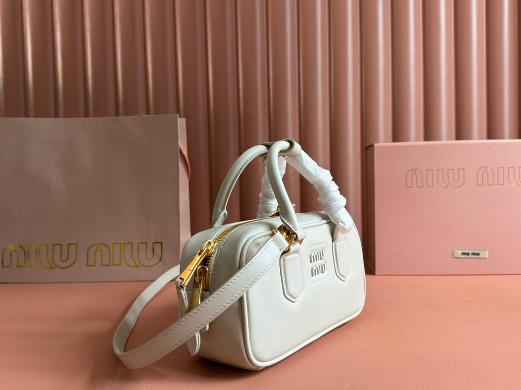 Arcadie Bag 22 in White Calfskin Embossed Logo