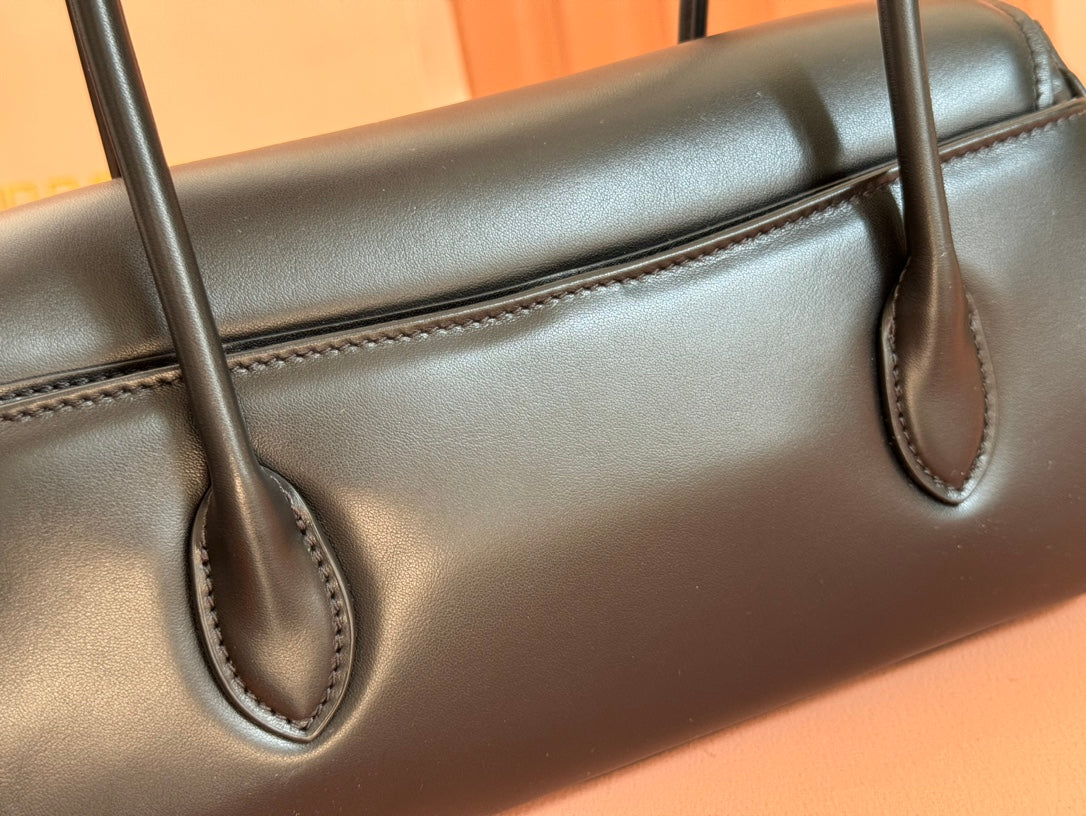 Beau Top Handle Bag 28 in Black Glossy Calfskin Gold Hardware