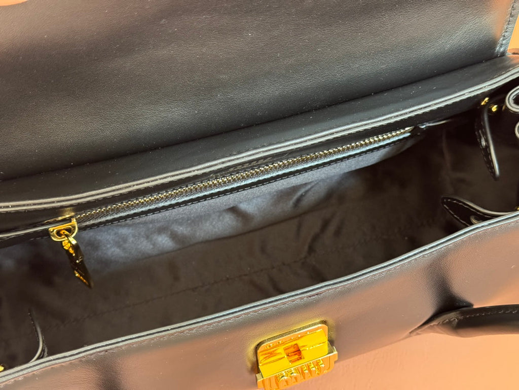 Beau Top Handle Bag 28 in Black Glossy Calfskin Gold Hardware