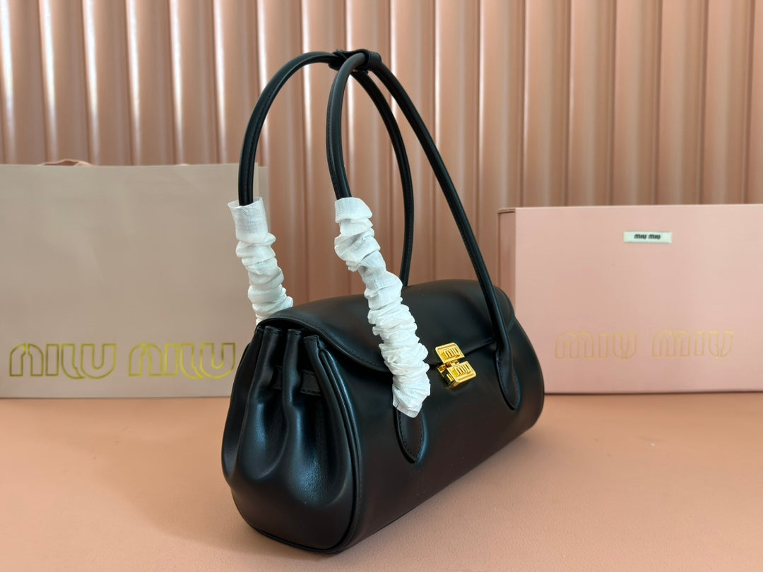 Beau Top Handle Bag 28 in Black Glossy Calfskin Gold Hardware