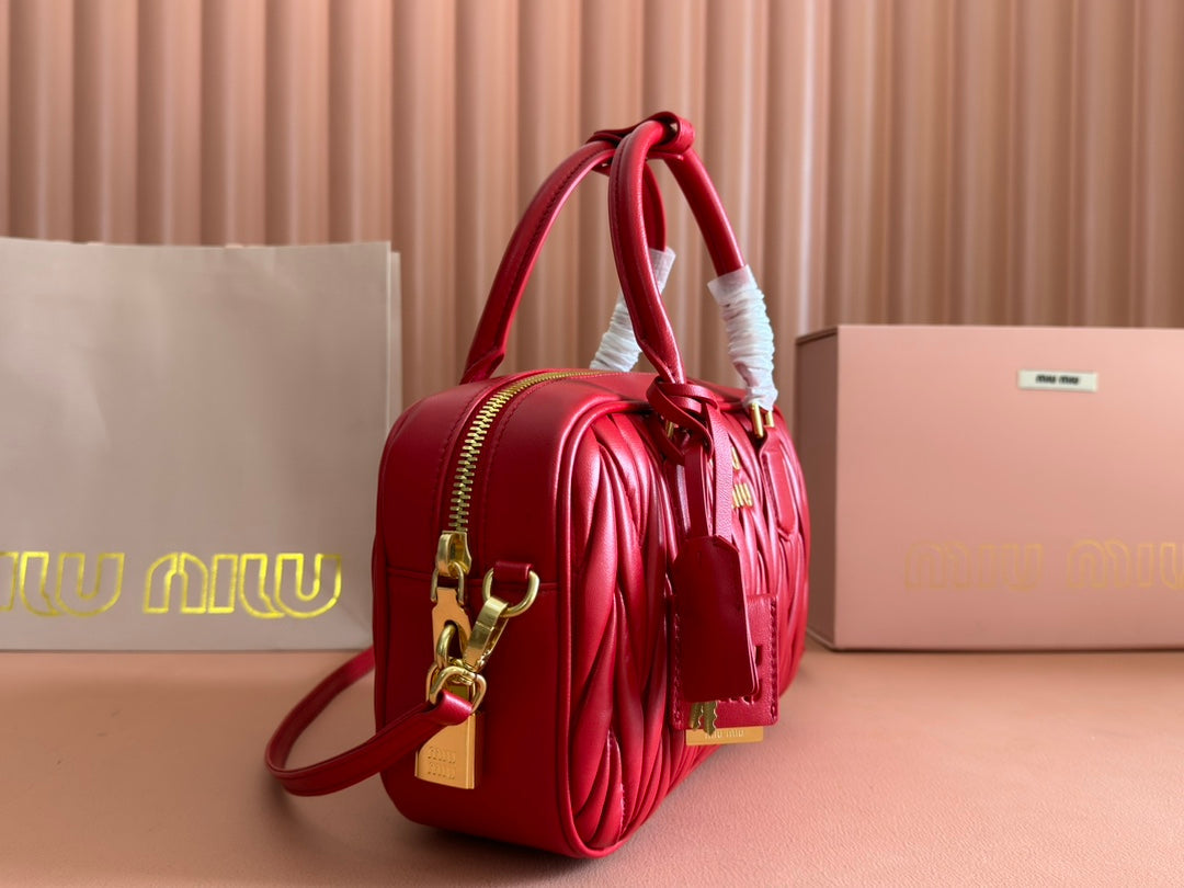 Arcadie Matelassé Bag 24 in Cerise Red Calfskin Gold Hardware