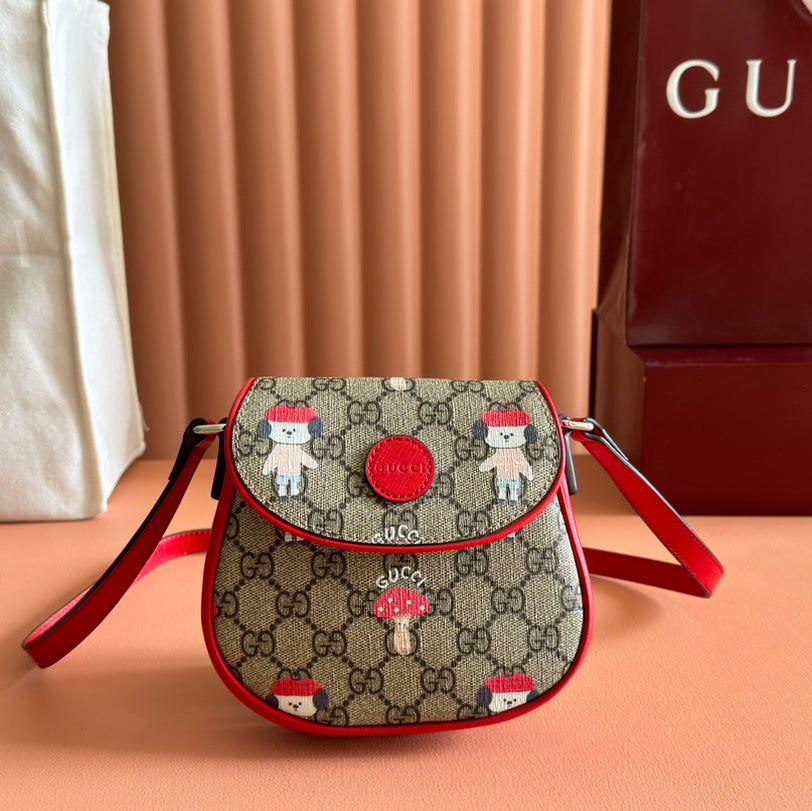 Gucci Children's Printed Shoulder Bag in Beige and Dark Brown Canvas Red Trim