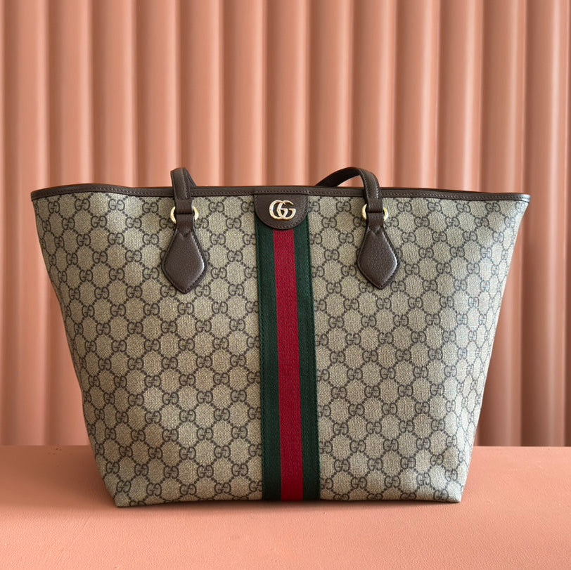 Gucci Ophidia Medium Tote Bag 31 Beige and Dark Brown Canvas
