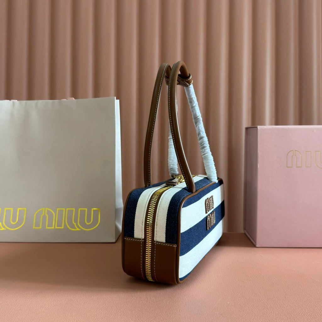 Beau Bag 28 Blue and Beige Stripes in Canvas and Calfskin