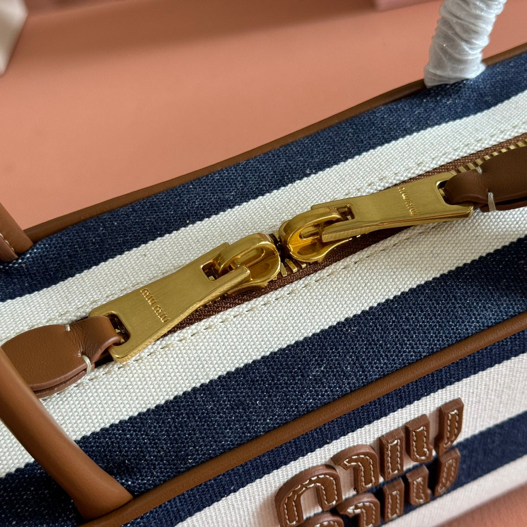Beau Bag 28 Blue and Beige Stripes in Canvas and Calfskin