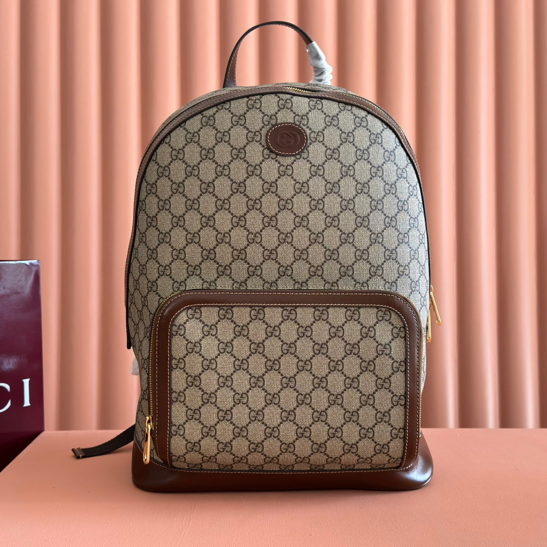 Gucci 25S Supreme Backpack 41 cm in Brown Mix Beige Calfskin