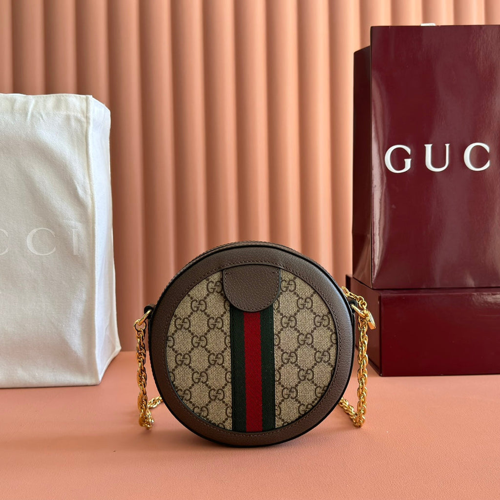 Gucci 25S Ophidia Mini Round Shoulder Bag 18 cm in Dark Beige and Brown Calfskin