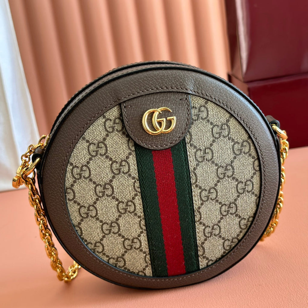 Gucci 25S Ophidia Mini Round Shoulder Bag 18 cm in Dark Beige and Brown Calfskin