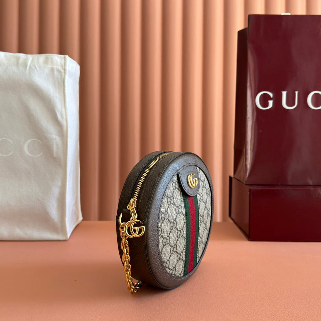 Gucci 25S Ophidia Mini Round Shoulder Bag 18 cm in Dark Beige and Brown Calfskin