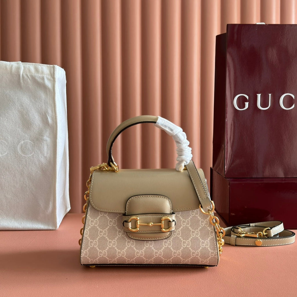 Gucci 25S Horsebit 1955 Medium Shoulder Bag 29 cm in Beige Monogram Calfskin with Gold Hardware