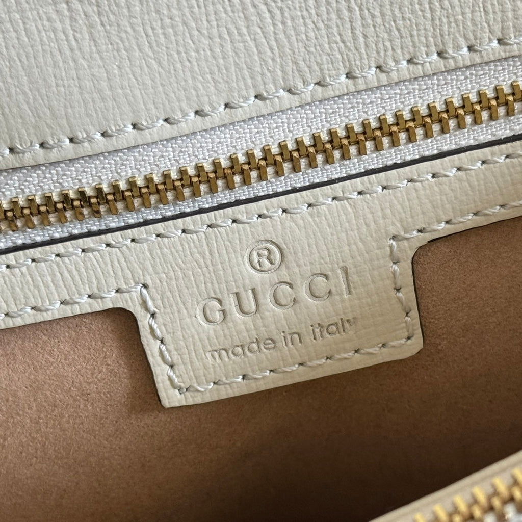 Gucci 25S Horsebit 1955 Medium Shoulder Bag 29 cm in Beige Canvas and Cream White Calfskin with Gold Hardware
