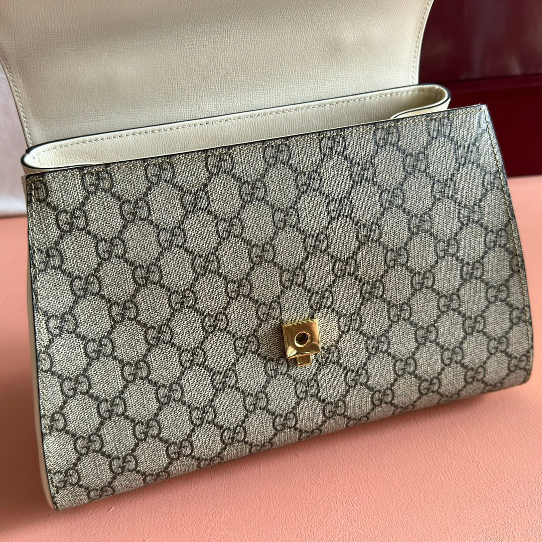 Gucci 25S Horsebit 1955 Medium Shoulder Bag 29 cm in Beige Canvas and Cream White Calfskin with Gold Hardware