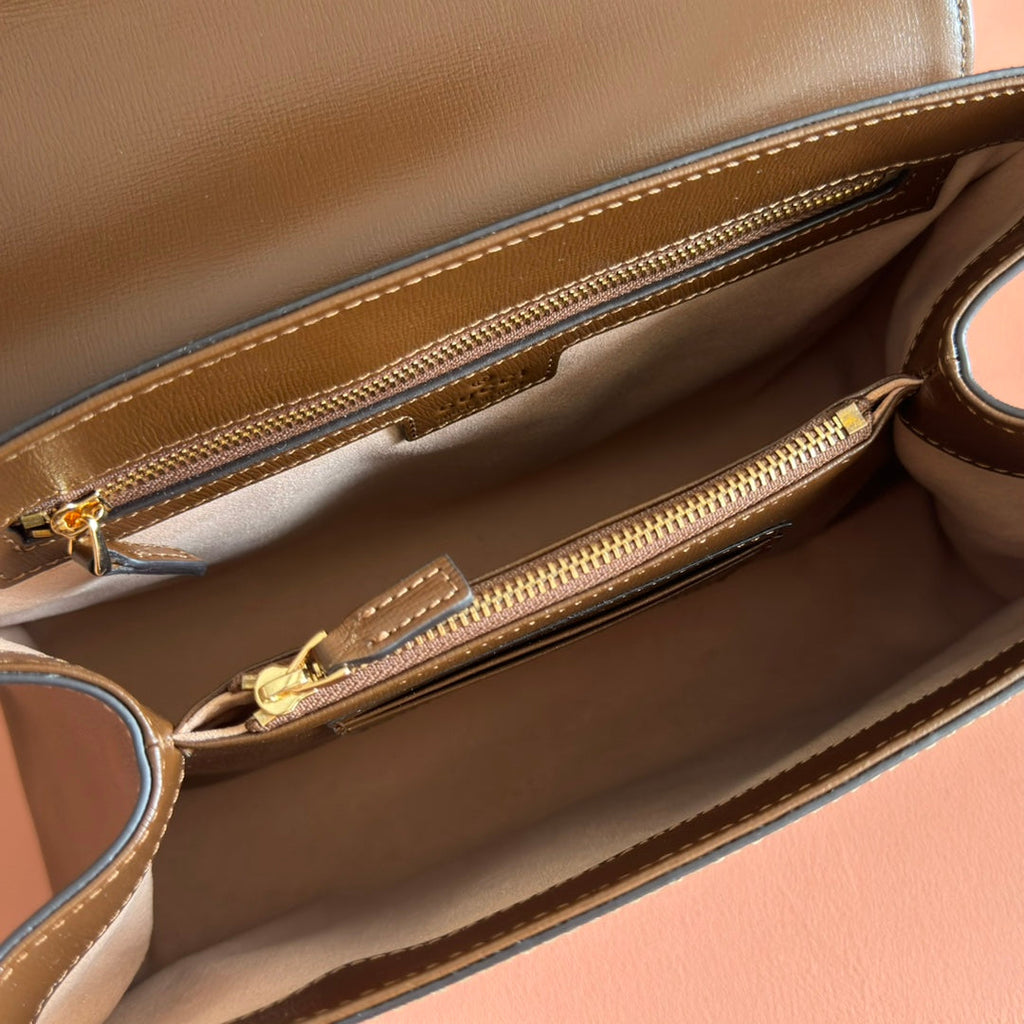 Gucci 25S Horsebit 1955 Medium Shoulder Bag 29 cm in Dark Beige Canvas and Brown Calfskin with Gold Hardware