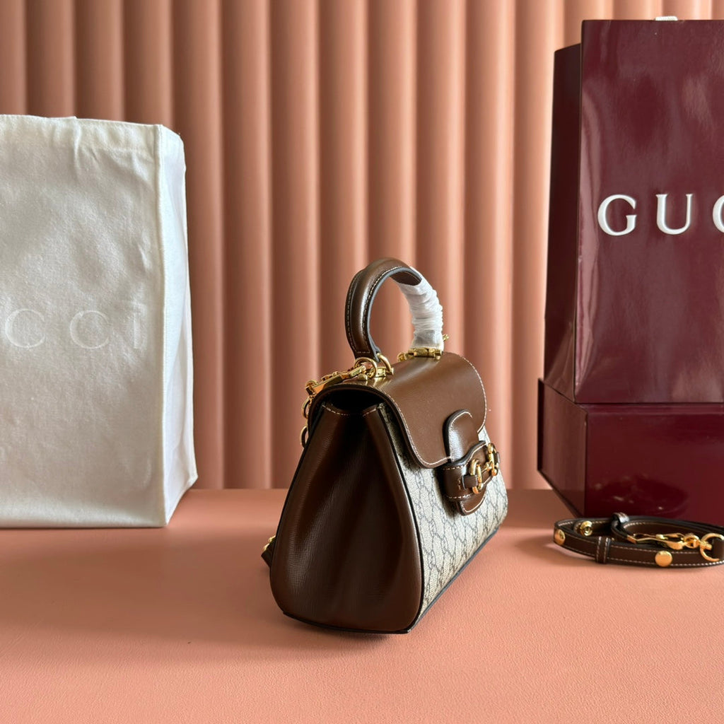 Gucci 25S Horsebit 1955 Medium Shoulder Bag 22 cm in Dark Beige Canvas and Brown Calfskin with Gold Hardware