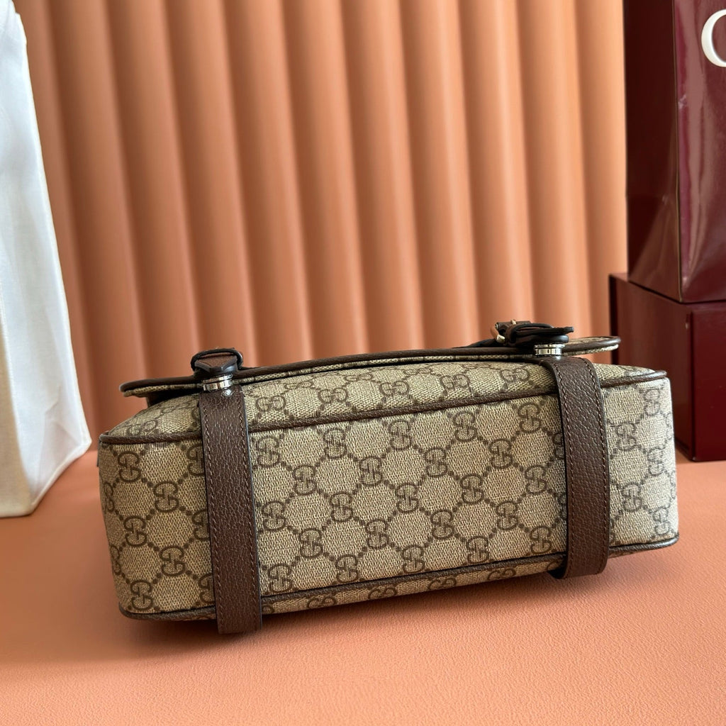 Gucci 26S Messenger Crossbody Bag 28 in Dark Beige and Brown Canvas