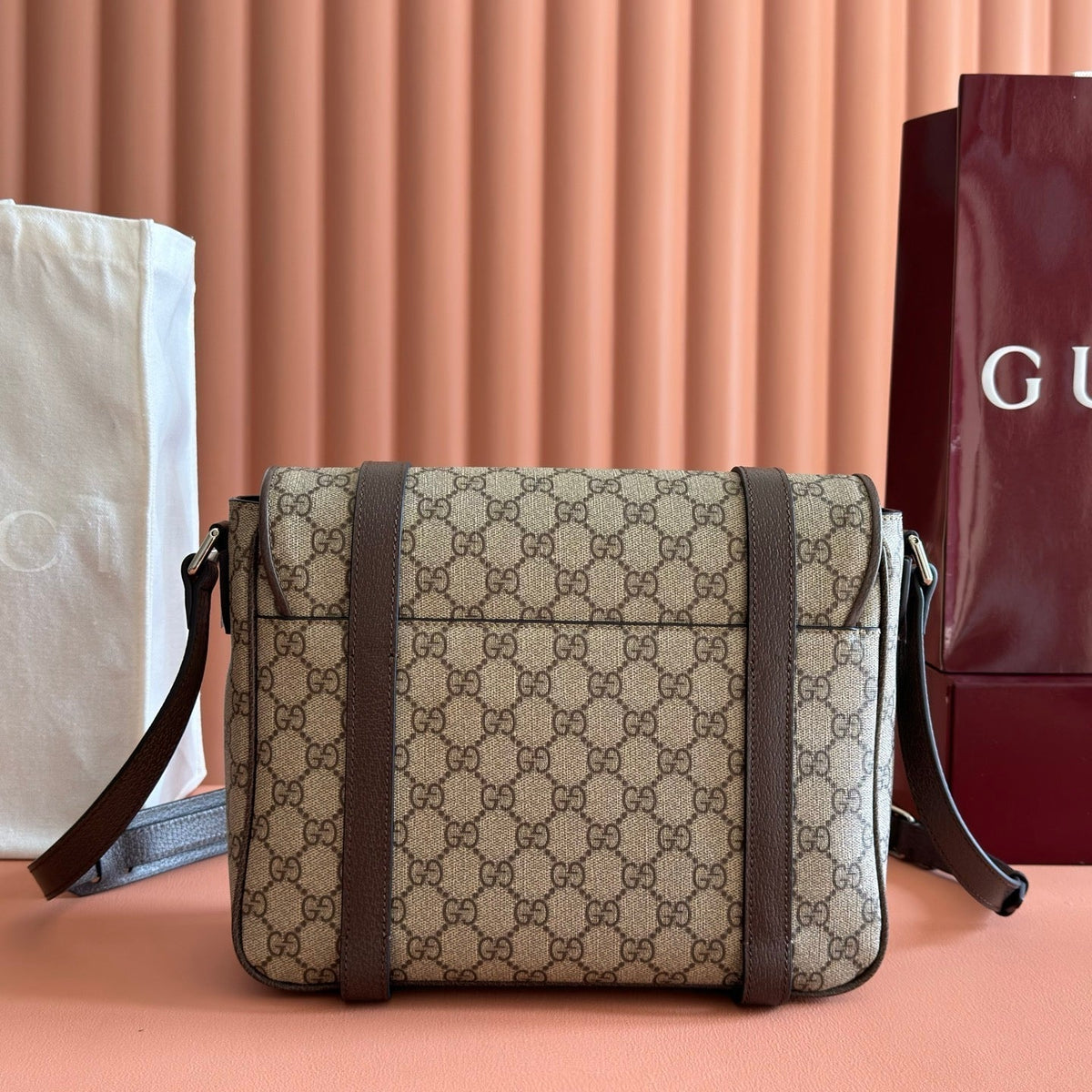 Gucci 26S Messenger Crossbody Bag 28 in Dark Beige and Brown Canvas