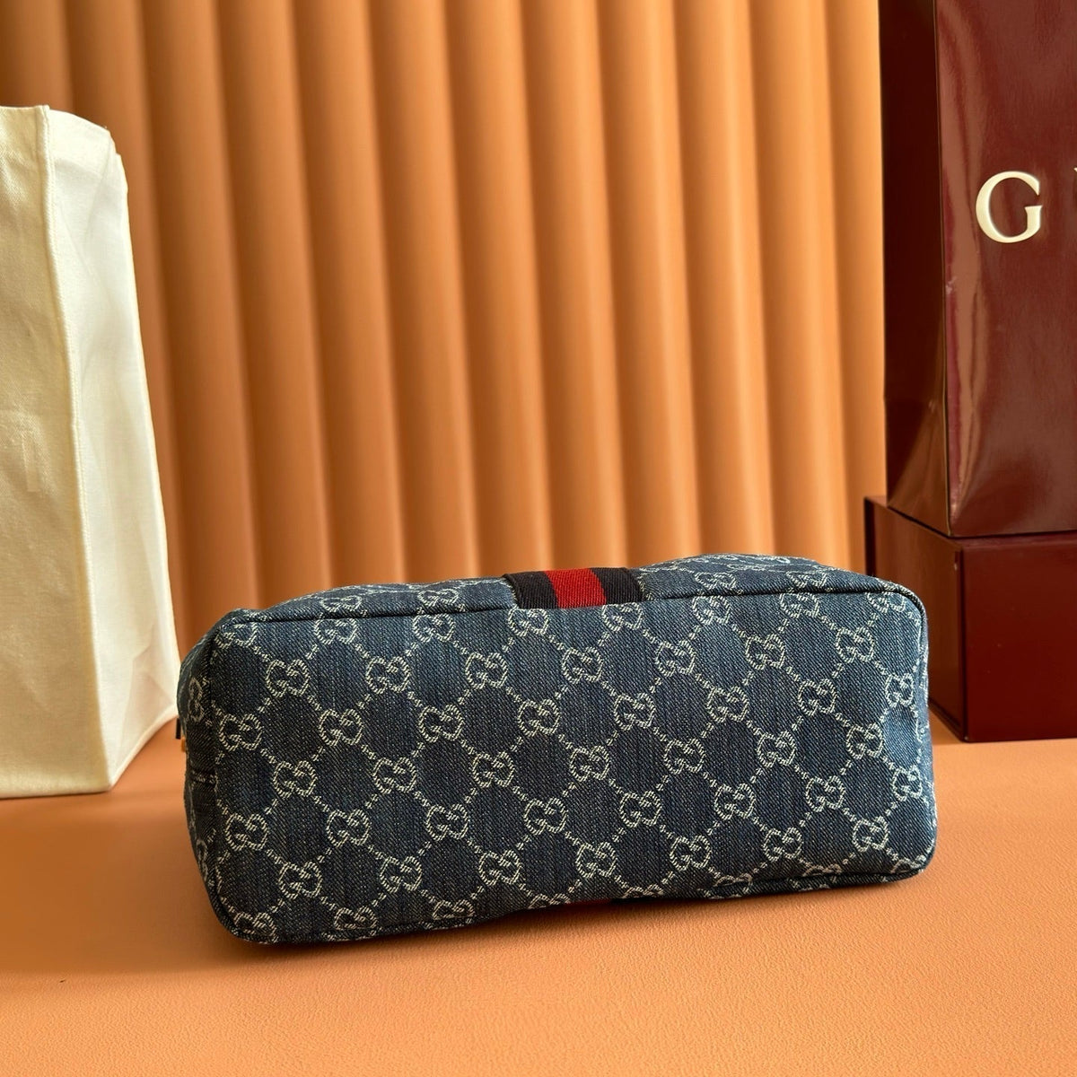 Gucci 26S Giglio Top Handle Bag 27 in Blue and White Denim