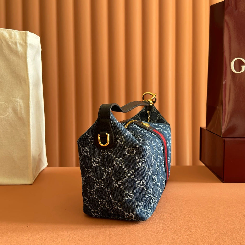 Gucci 26S Giglio Top Handle Bag 27 in Blue and White Denim
