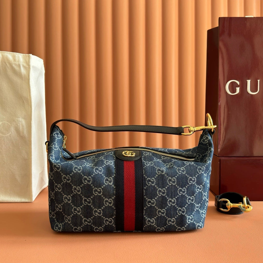 Gucci 26S Giglio Top Handle Bag 27 in Blue and White Denim