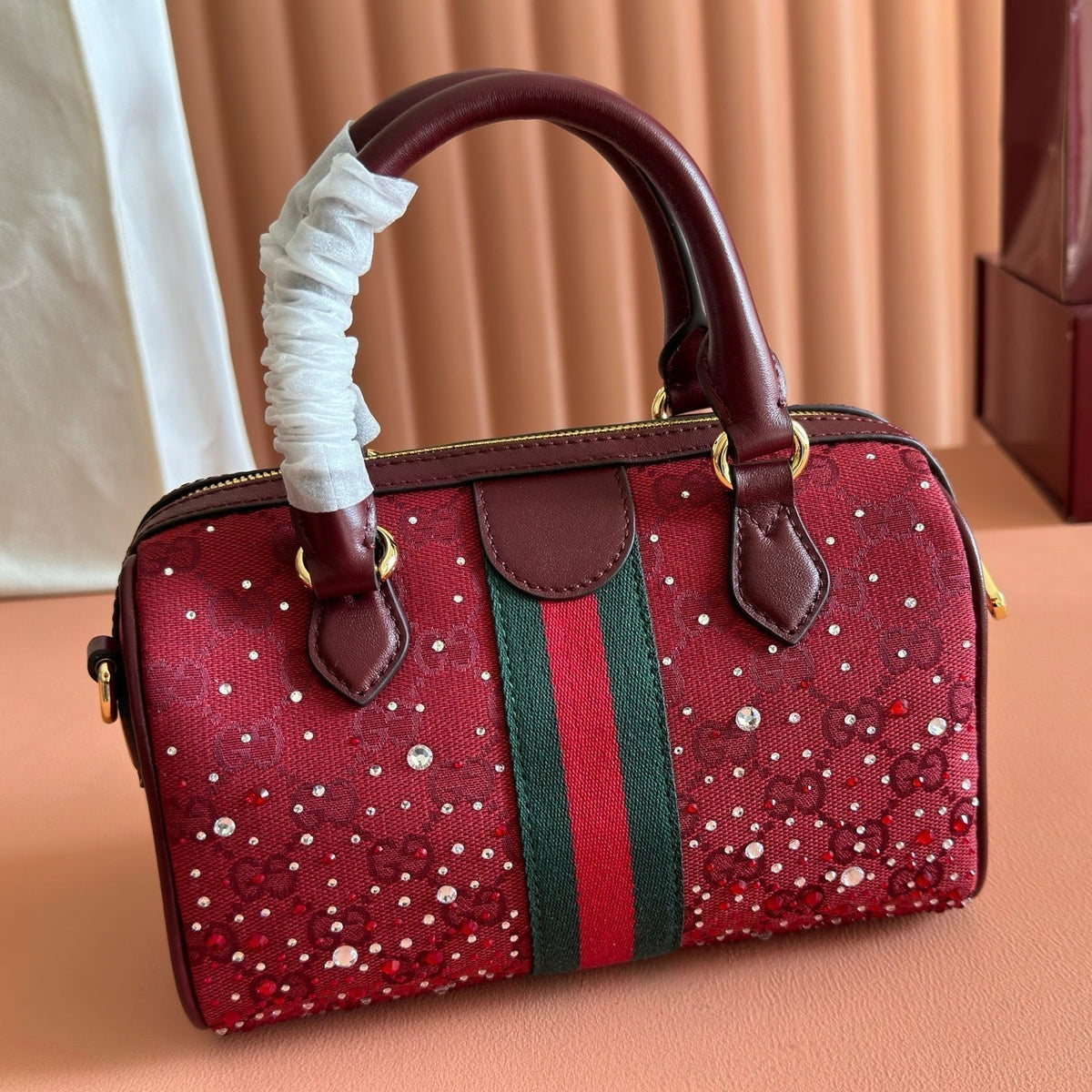 Gucci 26S Ophidia Boston Bag 21 in Dark Red Canvas Embellished with Rhinestones
