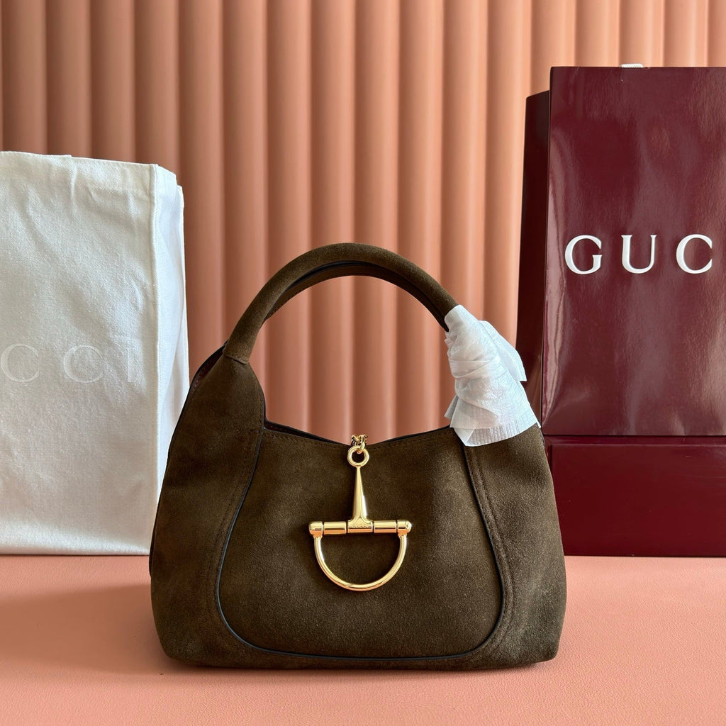 Gucci 26S Softbit Shoulder Bag 27 in Dark Brown Suede