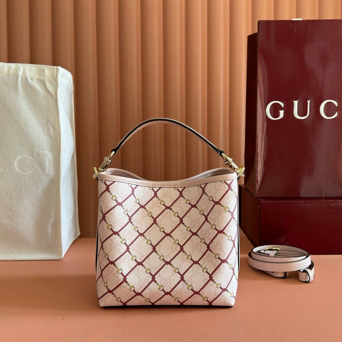 Gucci 26S Emblem Bucket Bag 19 in Light Pink Coated Fabric
