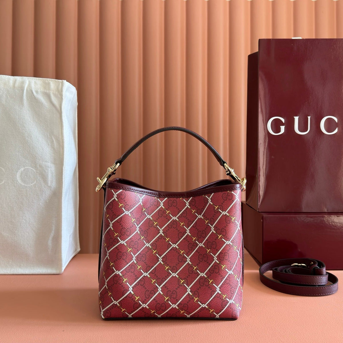 Gucci 26S Emblem Bucket Bag 19 in Dark Red Coated Fabric