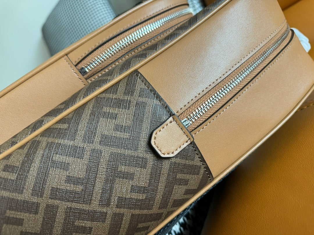 Fendi 44 Mini Backpack in Camel Brown Monogram Jacquard Fabric and Calfskin