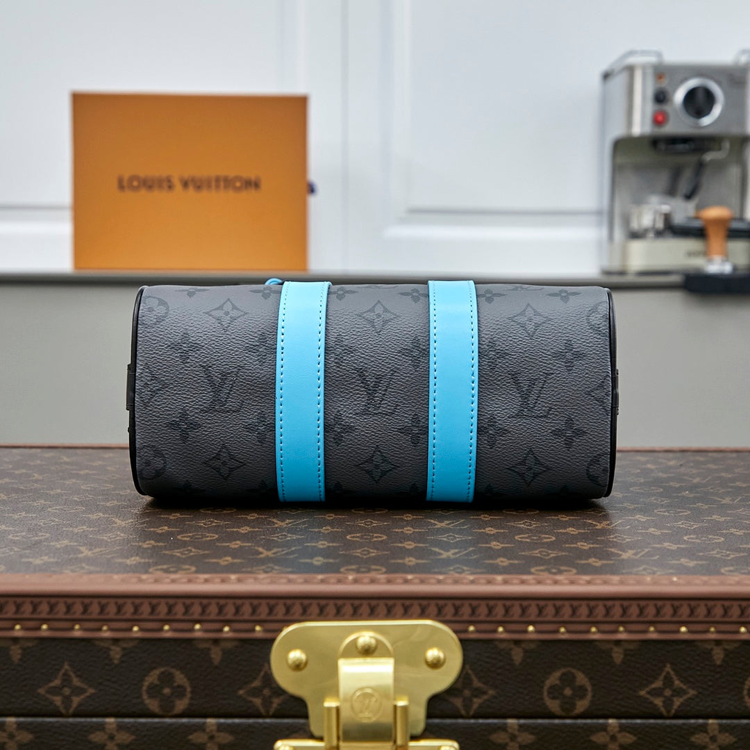 Louis Vuitton Keepall Bandoulière 25 in Gun Metal Monogram Eclipse Canvas Mix Turquoise Calfskin Bag