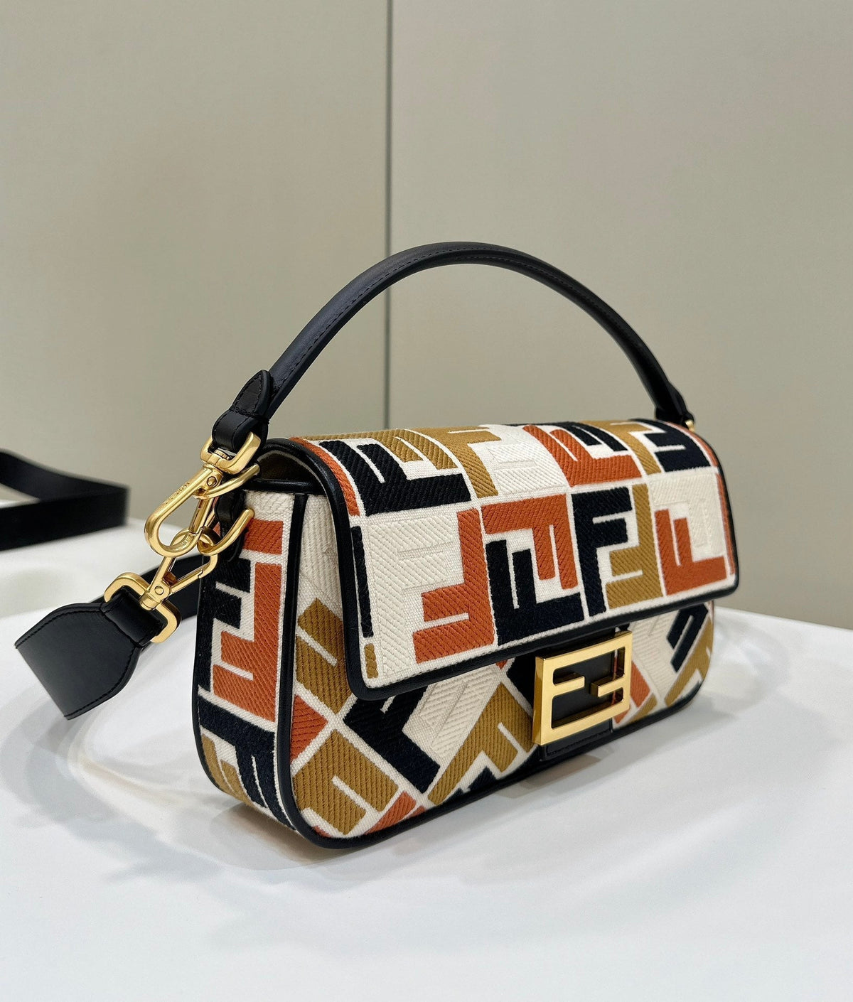 Baguette Canvas 27 Bag with Multicolour Embroidery Gold Hardware