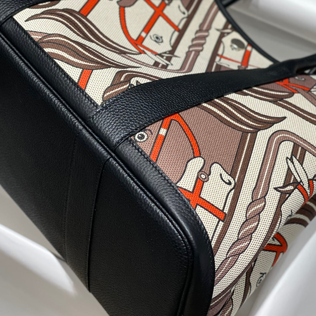 Hermes Garden Party 36 in Beige Orange and Brown Toile H Canvas Black Calfskin Horse Totem Print Bag