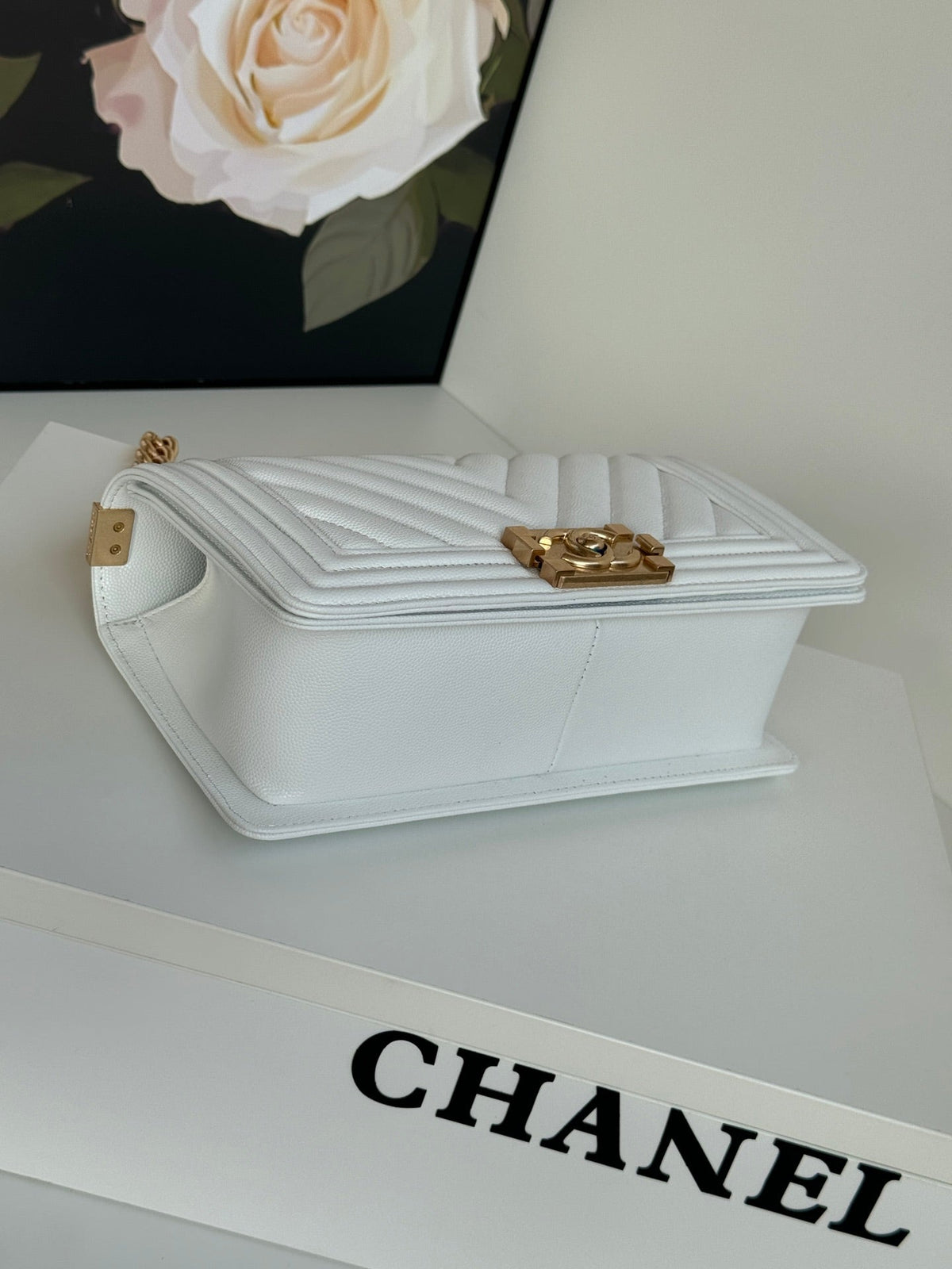 Chanel Boy 25S 25 cm in White Lambskin with Gold Hardware Bag
