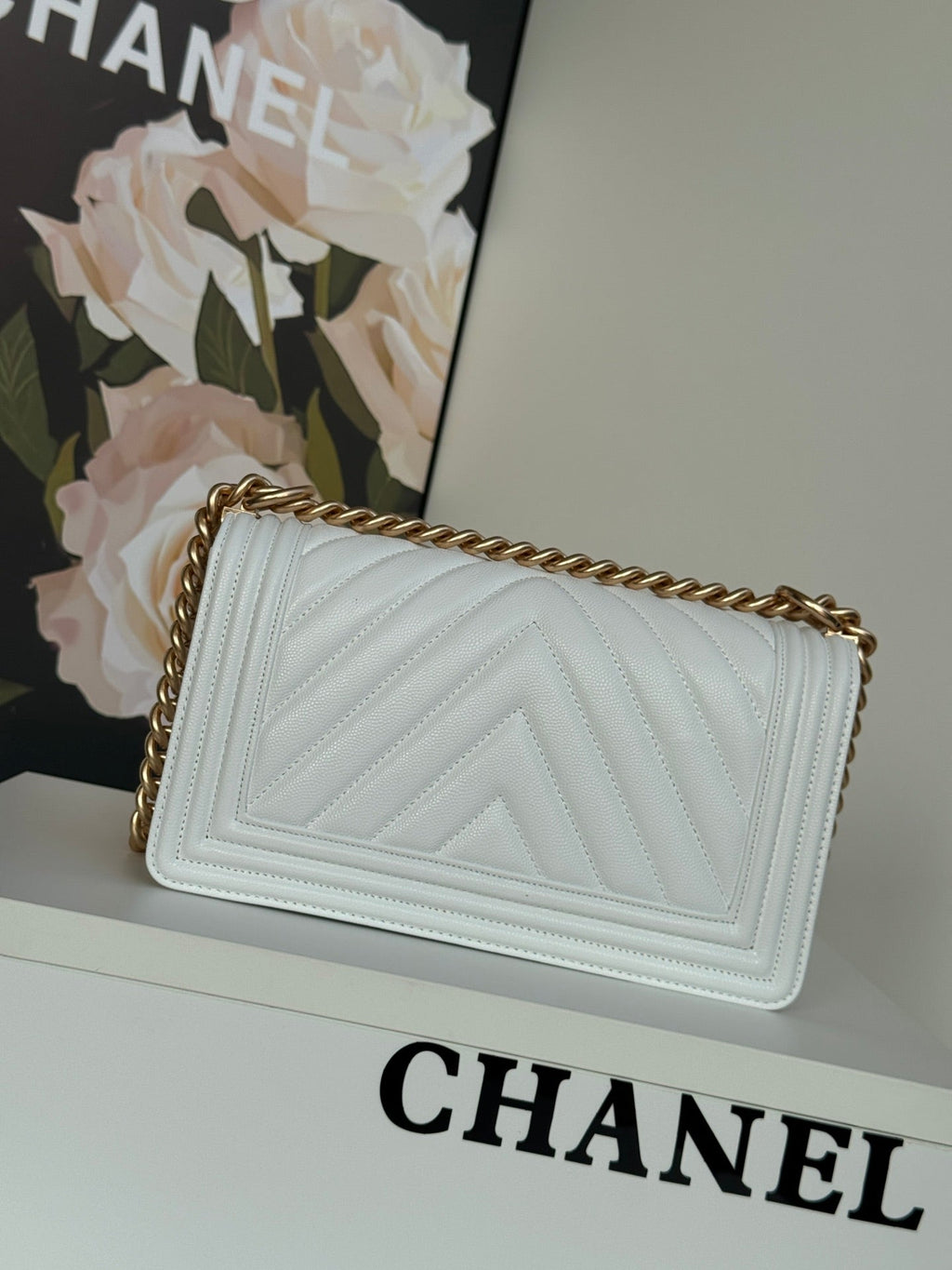 Chanel Boy 25S 25 cm in White Lambskin with Gold Hardware Bag