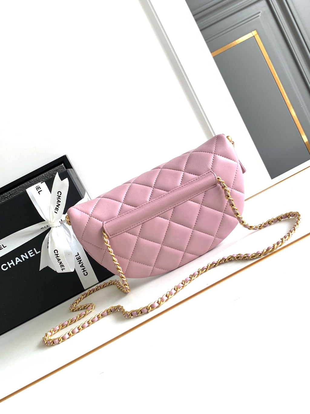 Chanel Waist 24 Bag in Light Pink Calfskin with Pearl Chain and Gold Hardware